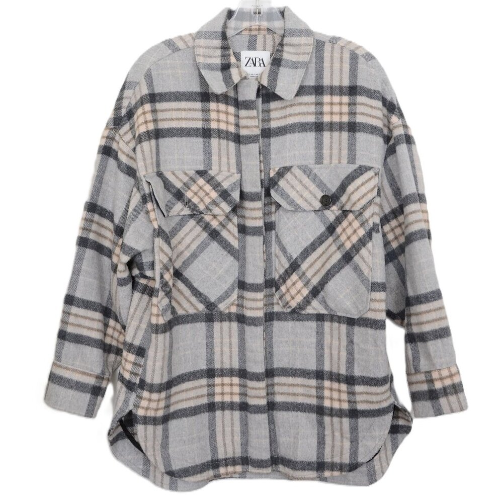 Zara Men's Plaid Flannel Oversized WOOL Shacket Jacket Utility Button Up Shirt S